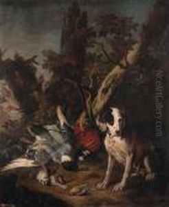 A Pointer, A Mallard, A
Woodpecker, And Other Dead Game With A Hunting Bag In A Wooded Landscape by Frans Werner Von Tamm
