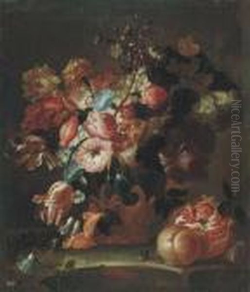 Flowers In Sculpted Urns With Fruit On Stone Ledges - view 1