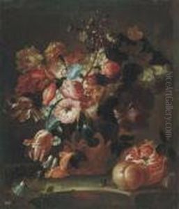 Flowers In Sculpted Urns With Fruit On Stone Ledges by Frans Werner Von Tamm