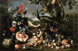 A Peacock And A Peahen With Fruit And Flowers In A Park
