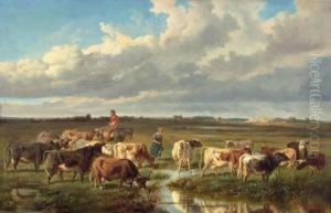 Cows With Herdsmen At The Watering Hole. by Otto Karl Kasimir Von Thoren
