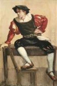 1848 Wolkenburg/sachsen - 1911 Munchen
"sitzender Junger Mann", Aquarell, Unsigniert, 37x26 Cm by Fritz von Uhde