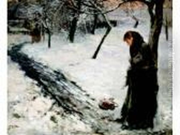 Two Figures On A Snowy Path In The Evening - view 1