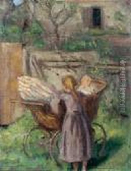Ein Madchen Mit Kinderwagen Im Garten. - view 1