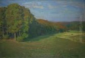 Hugelige Landschaft Mit Rehen Am Waldrand. by Hans Richard Von Volkmann
