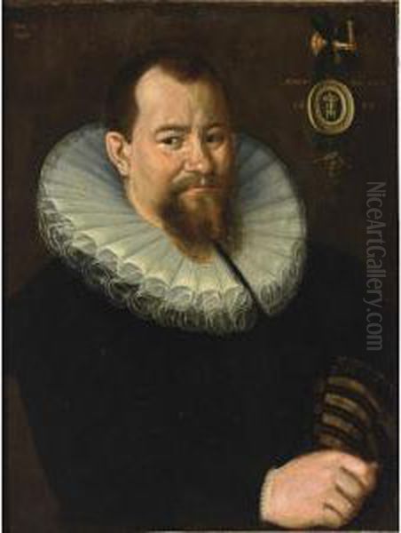A Portrait Of A Bearded
Gentleman, Aged 43, Bust Length, Wearing A Black Suit With White Lace
Collar, Holding Gloves In His Right Hand - view 1