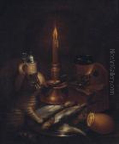 A Cat Pawing Fish On A Pewter Plate By A Stoneware Ewer, A Knife, Aroemer And A Candle - view 1