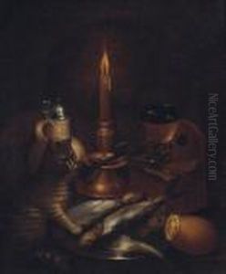 A Cat Pawing Fish On A Pewter Plate By A Stoneware Ewer, A Knife, Aroemer And A Candle by Gotthardt von Wedig