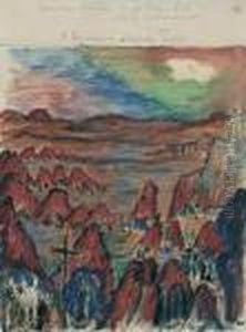 Mischtechnik (gouache,
Tuschfeder Und Farbkreiden) Auf Chamoisfarbenem Velin 35,5 X 26,5 Cm,
Unter Glas Gerahmt. Unten Links Mit Tusche Monogrammiert M.w. Und Am
Oberen Rand Mit Bleistift Beschriftet Und Die Wuste Singt Das by Marianne von Werefkin