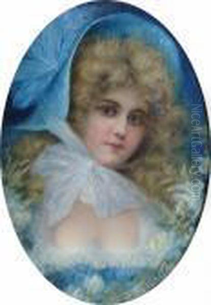 A Lady Wearing A Blue Bonnet And Surrounded By Flowers - view 1