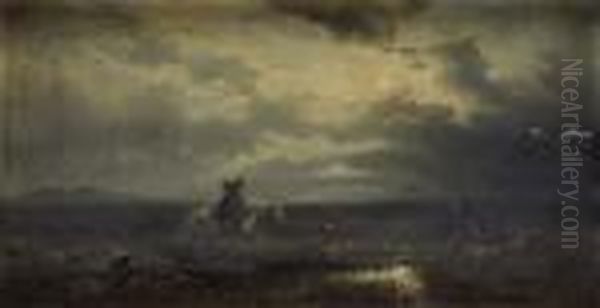 Cavalier Dans Un Paysage De Marais Au Clair De Lune - view 1