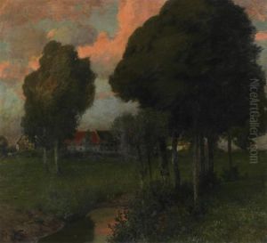 Eifel Landscape With Homesteads In The Evening Red by Fritz Von Wille