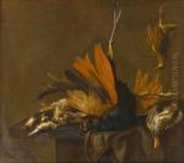 A Peacock, Rabbit, Partridge, Woodcock And Songbirds On A Draped Table - view 1