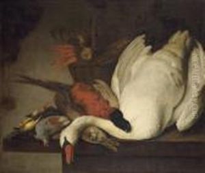 A Dead Swan, Pheasant, Rabbit,
Grouse, Finches And A Basket Of Carrots And Onions On A Stone Table A Dead Swan, Pheasant, Rabbit,
Grouse, Finches And A Basket Of Carrots And Onions On A Stone Table
