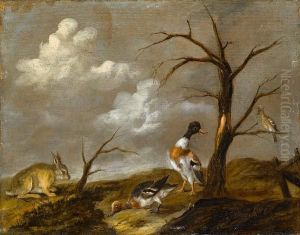 A Rabbit With Wildfowl In A Landscape by Jacobes Vonck
