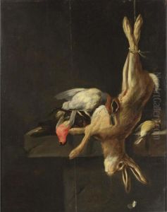 A Hunting Still Life With A Hare
 Together With A Duck, Two Finches And Another Bird On A Stone Ledge by Jacobes Vonck