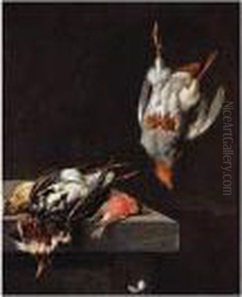 Still Life With A Ruff,
Bullfinch, And A Pippit On A Ledge, And A Partridge Hanging From A Nail - view 1