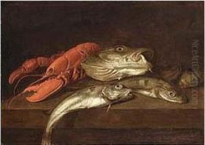 A Still Life A Lobster, A Cod And Other Fish, All On A Wooden Ledge by Jacobes Vonck