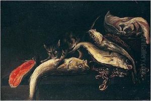 Still Life Of Salt Water Fish And Lobster On A Table Top, Guarded By A Cat