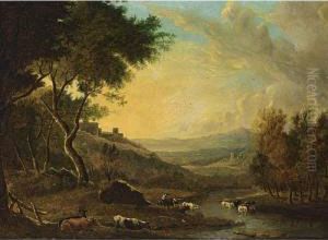 An Extensive Italinate Landscape With Cattle by Hendrik Voogd