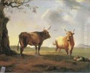 An Extensive Italianate
Landscape At Dusk With A Shepherd Sleeping Beside A Bull And A Cow by Hendrik Voogd