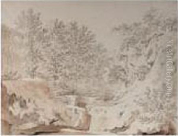 A Stream In A Wooded Hilly Landscape - view 1