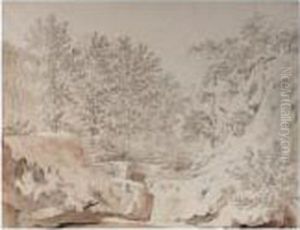 A Stream In A Wooded Hilly Landscape by Hendrik Voogd