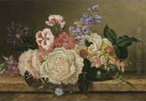 A Flower Still Life And A Butterfly On A Stone Ledge by Sebastiaan Theodorus Voorn Boers