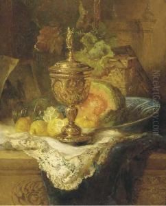 Fruits And A Gilt Auricular Cup And Cover On A Ledge