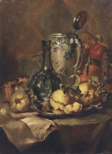 Quince Pears On A Silver Plate With A Glass Bottle And Earthenwaretankard