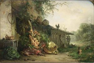 Vegetables And Chicken In A Landscape by Maria Vos