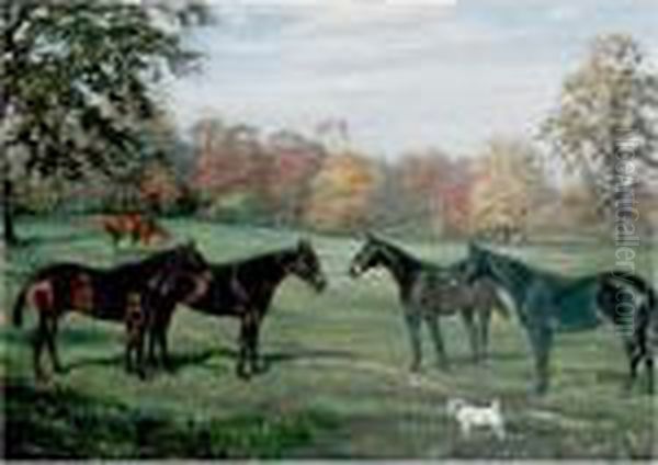 Hunters And A Terrier In A Pasture - view 1