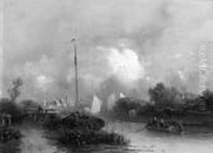 View Of A Town Along A River by Jacobus Adrianus Vrolijk