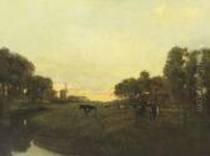 Along The River At Sunset by Jan Martinus Vrolijk