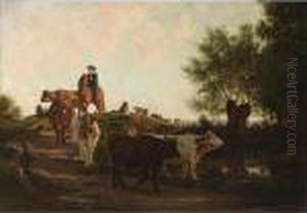 A Herd Of Cows And Their Drover In A Landscape - view 1