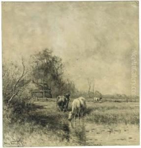 Cows By A Ditch In A Meadow, A Haystack Nearby by Jan Martinus Vrolijk