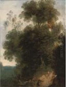 A Wooded Landscape With Hunters And Their Dogs by Cornelis Hendricksz. The Younger Vroom
