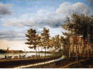 Drovers With Their Animals 
Walking On A Path Along The Spaarne, The City Of Haarlem In The Distance by Cornelis Hendricksz. The Younger Vroom