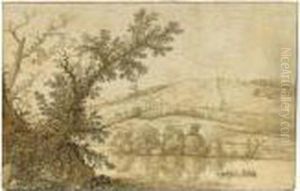 Wooded River Landscape With A Rowing Boat, And Hills Behind by Cornelis Hendricksz. The Younger Vroom