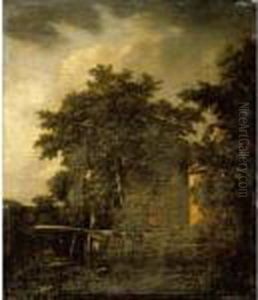 A Wooded Landscape With A Huntsman In Red Shooting By A Cottage by Cornelis Hendricksz. The Younger Vroom