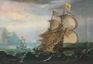 A Dutch Man-o'-war And Other Shipping In Choppy Seas by Cornelis Hendricksz. The Younger Vroom