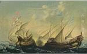 A Naval Battle Scene Between An Ottoman Man-of-war And A Galley by Cornelis Hendricksz. The Younger Vroom