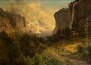 Travellers In A Mountainous Landscape by Adalbert Waagen