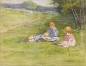 Three Children In A Field Of Flowers by Marion Kavanaugh Wachtel