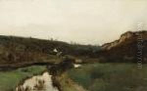 An Extensive River Landscape With A Farmhouse In A Valley by Maurice Wagemans