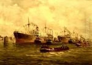 Havengezicht. Gesigneerd by Pieter Johannes Al. Wagemans