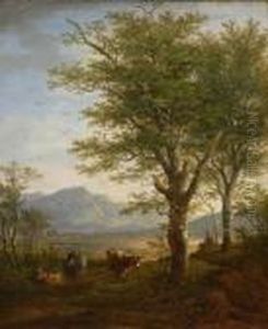 Hirte Mit Zwei Kuhen Und Einer
 Ziege by Max Joseph Wagenbauer
