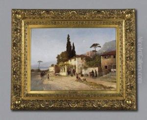 Italian Coastal Street On The Riviera. Signed Bottom Right: Karl Wagner by Carl Wagner