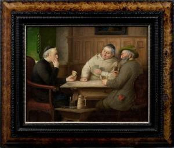 Bayerischewirtshausszene Mit Monch Und Pfarrer Beimkartenspiel - view 1