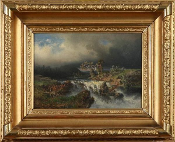 Dramatiskt Landskap Med Fors, 
Otydligt Signerad Och Daterad Wahlberg 59, Oja Pa Panna, 19x27 - view 1